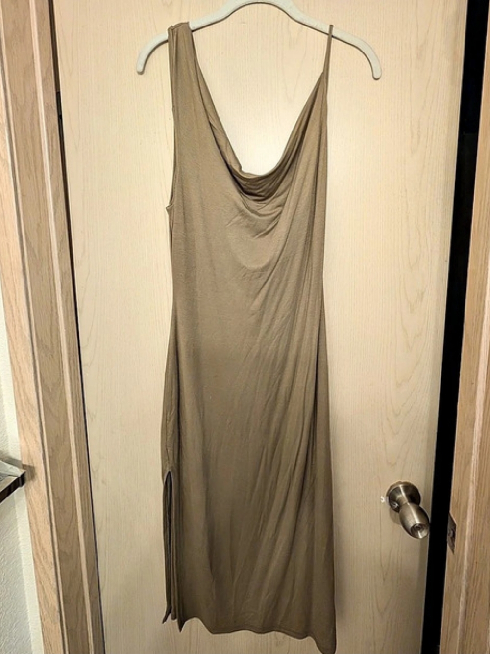 Lulus My Best Side Olive Green Asymmetrical Cowl Neck Midi Dress Cowl Neck Midi